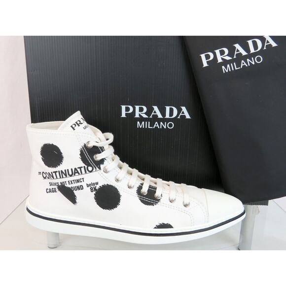 PRADA 1T618M WHITE BLACK POLKA CANVAS LOGO POINTY CAP HIGH TOP SNEAKERS 40 ITALY - Picture 4 of 15